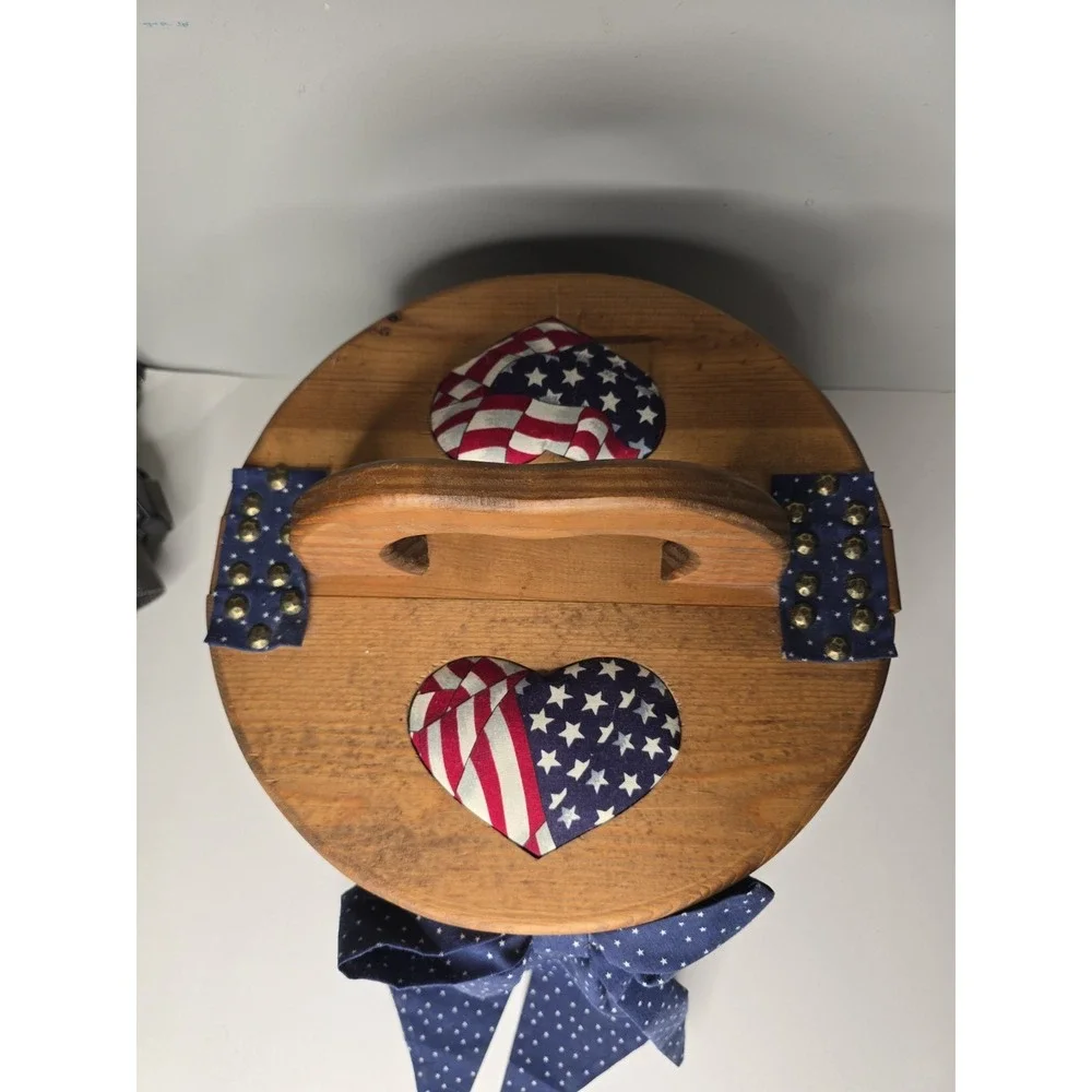 Vtg Wood Sewing Box Basket with Double Flip Top Doors Lid Carrying Handle Heart
